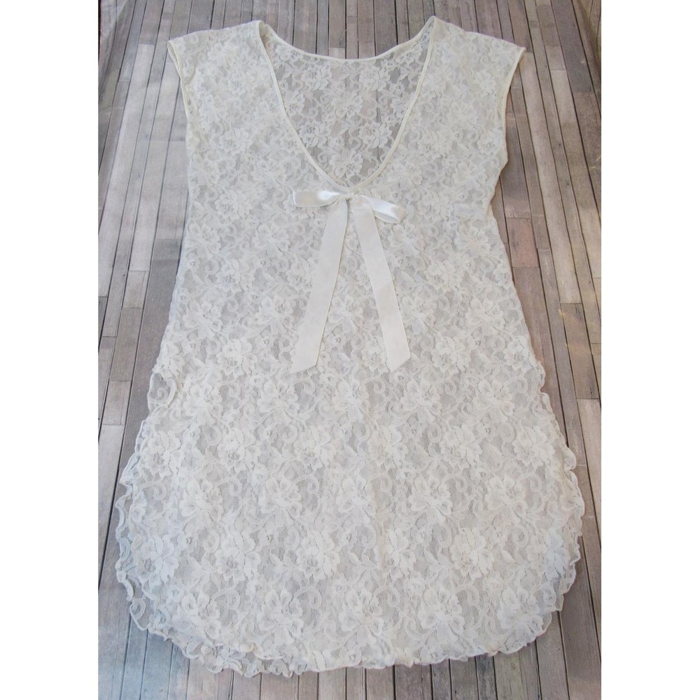 Vintage White Stretch Lace Nightie Plunge Neck Bow High Slits Size M/L 1980's